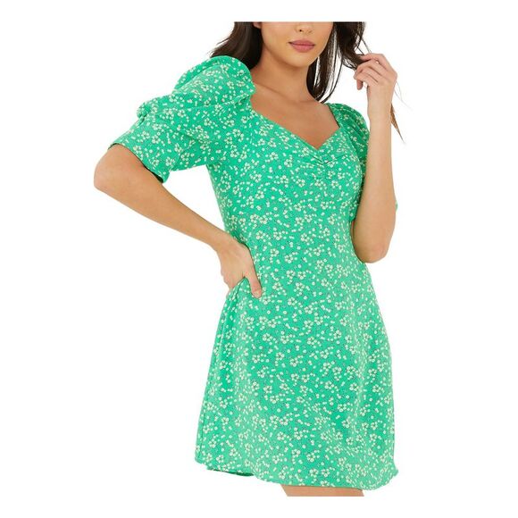 QUIZ Womens Green Square Back Neck Pouf Sleeve Short Party Fit + Flare Dress 2 - Picture 1 of 4